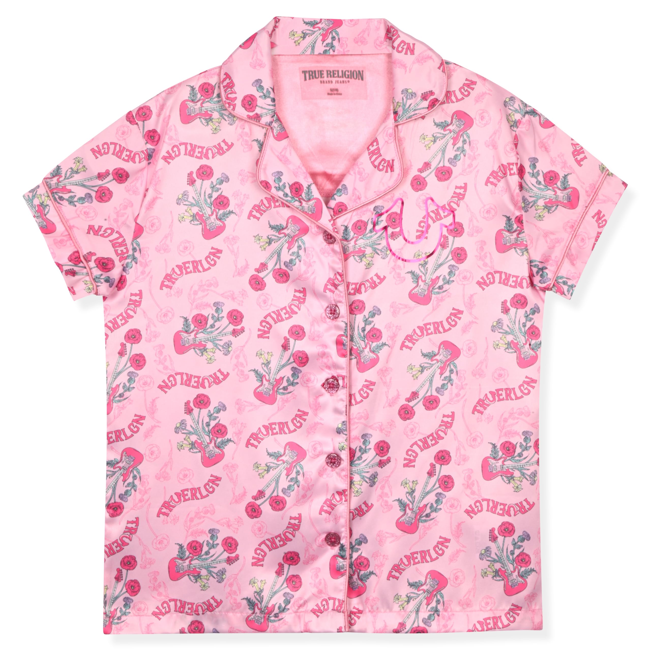 True Religion Girls Pajama Short Sets for Kids Button Front Short Sleeve Shirt and Sleepwear Shorts in Sizes 3T to 16