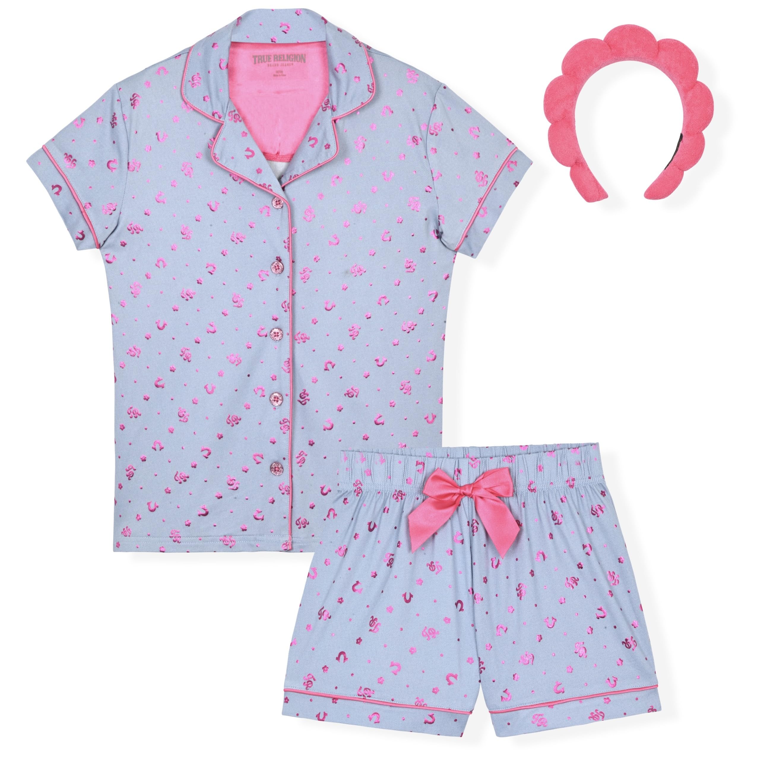 True Religion Girls Pajama Short Sets for Kids Button Front Short Sleeve Shirt and Sleepwear Shorts in Sizes 3T to 16