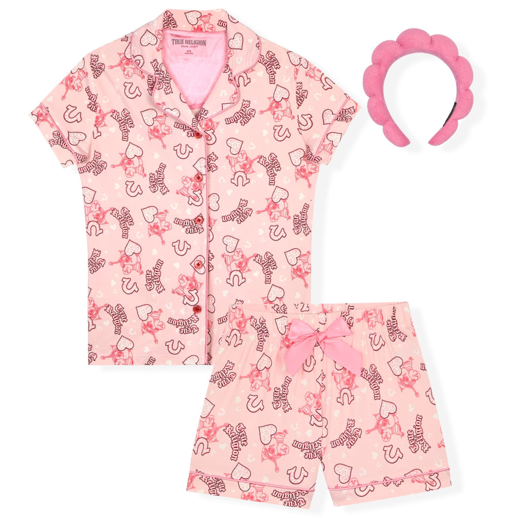 True Religion Girls Pajama Short Sets for Kids Button Front Short Sleeve Shirt and Sleepwear Shorts in Sizes 3T to 16