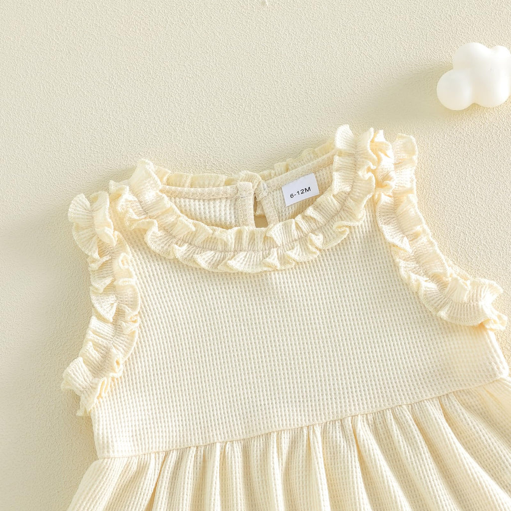 WZTYYDS Toddler Baby Girl Clothes Summer Sleeveless Ruffle Tops Buttons Shirt Shorts Set Waffle Knit Striped Outfit