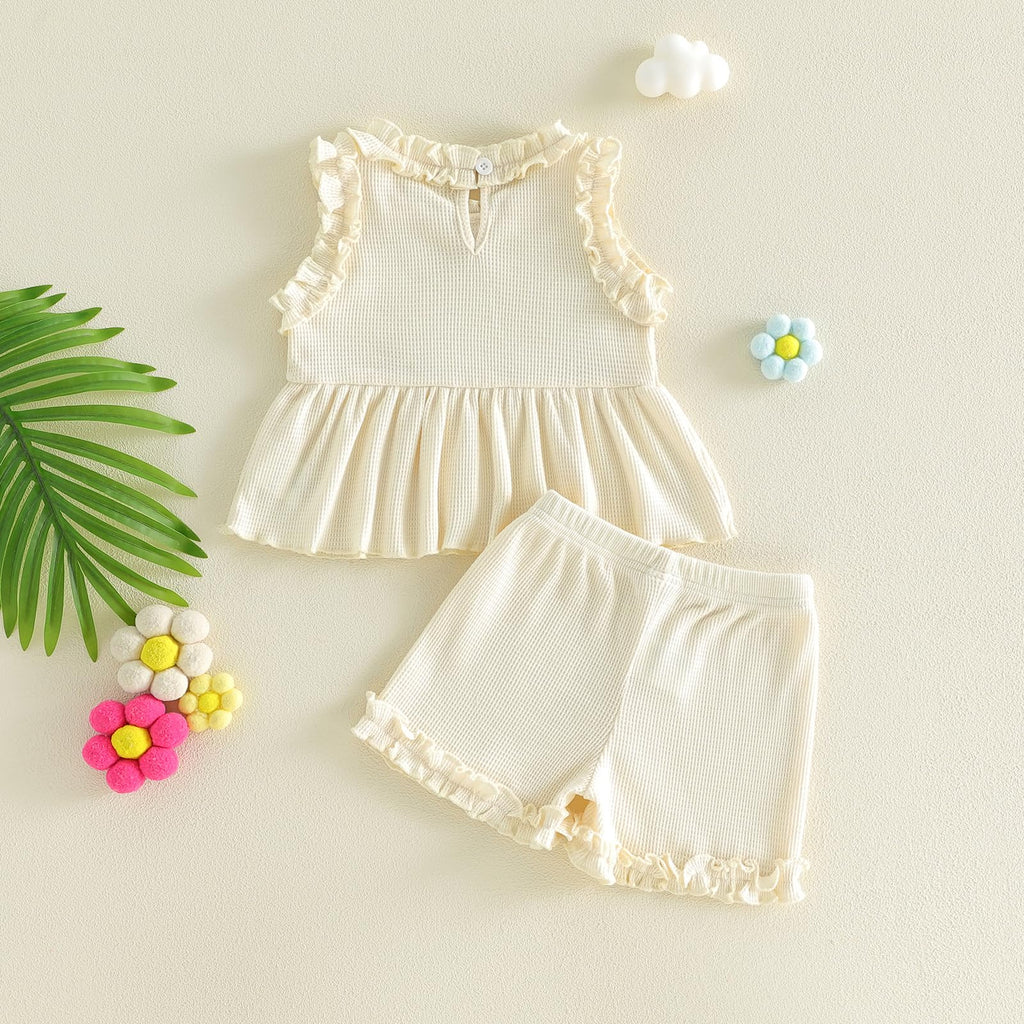WZTYYDS Toddler Baby Girl Clothes Summer Sleeveless Ruffle Tops Buttons Shirt Shorts Set Waffle Knit Striped Outfit