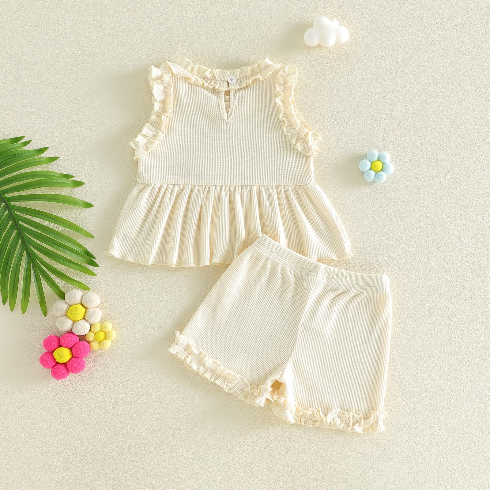 WZTYYDS Toddler Baby Girl Clothes Summer Sleeveless Ruffle Tops Buttons Shirt Shorts Set Waffle Knit Striped Outfit