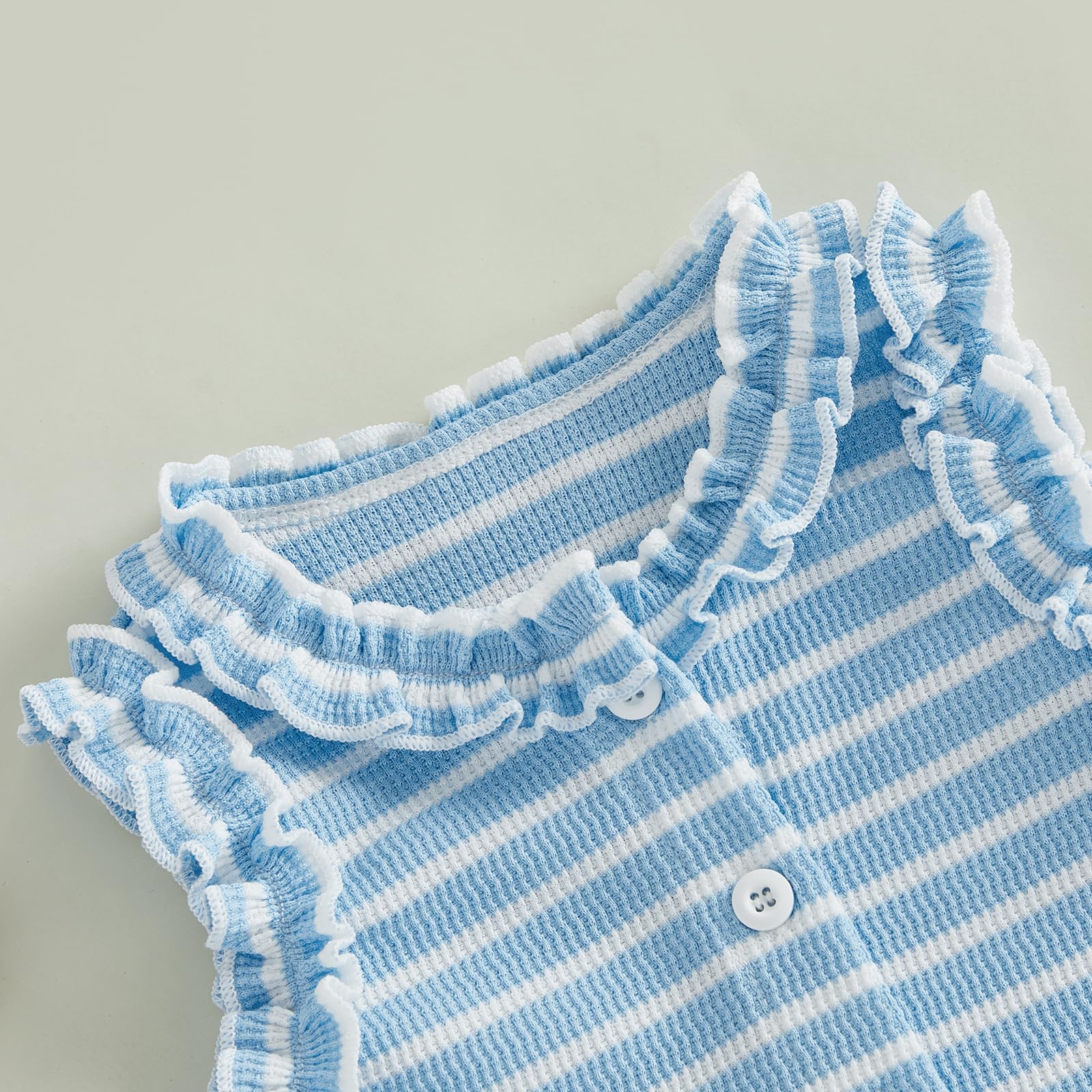 WZTYYDS Toddler Baby Girl Clothes Summer Sleeveless Ruffle Tops Buttons Shirt Shorts Set Waffle Knit Striped Outfit