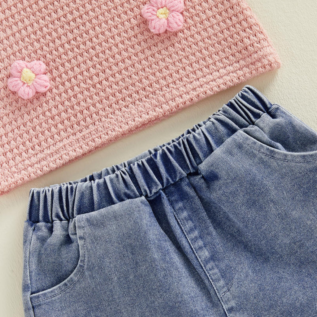 YINGISFITM Toddler Girl Clothes Baby Summer Waffle Knit Tank Top Sleeveless Shirt Jeans Shorts Floral Outfit Girls Clothing