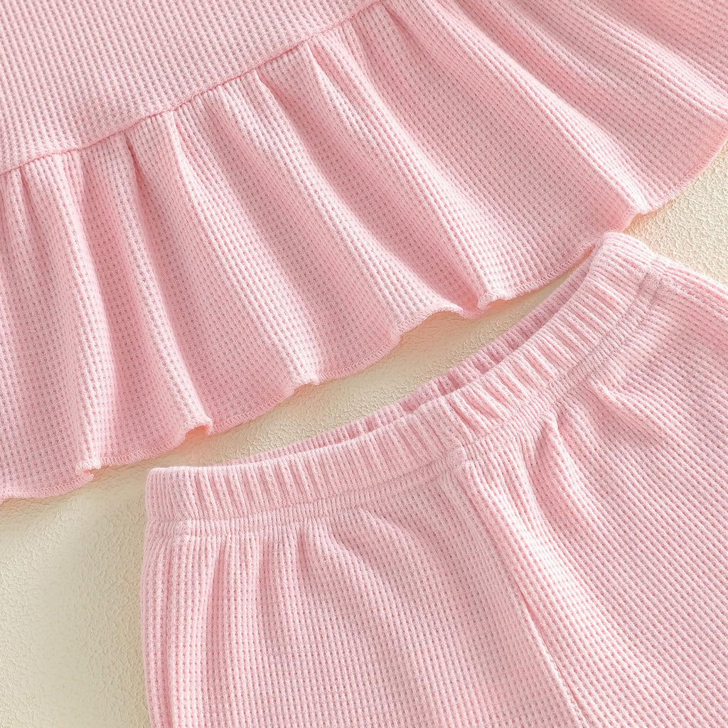 WZTYYDS Toddler Baby Girl Clothes Summer Sleeveless Ruffle Tops Buttons Shirt Shorts Set Waffle Knit Striped Outfit