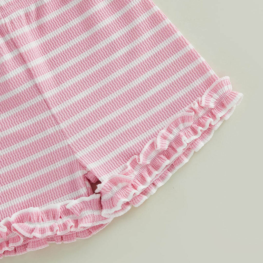 WZTYYDS Toddler Baby Girl Clothes Summer Sleeveless Ruffle Tops Buttons Shirt Shorts Set Waffle Knit Striped Outfit